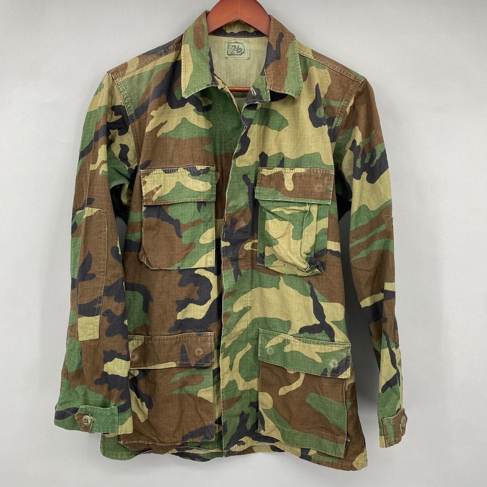 Woodland Camo Field Jacket Military Style Coat Button‎ Up Four Pocket Small Long